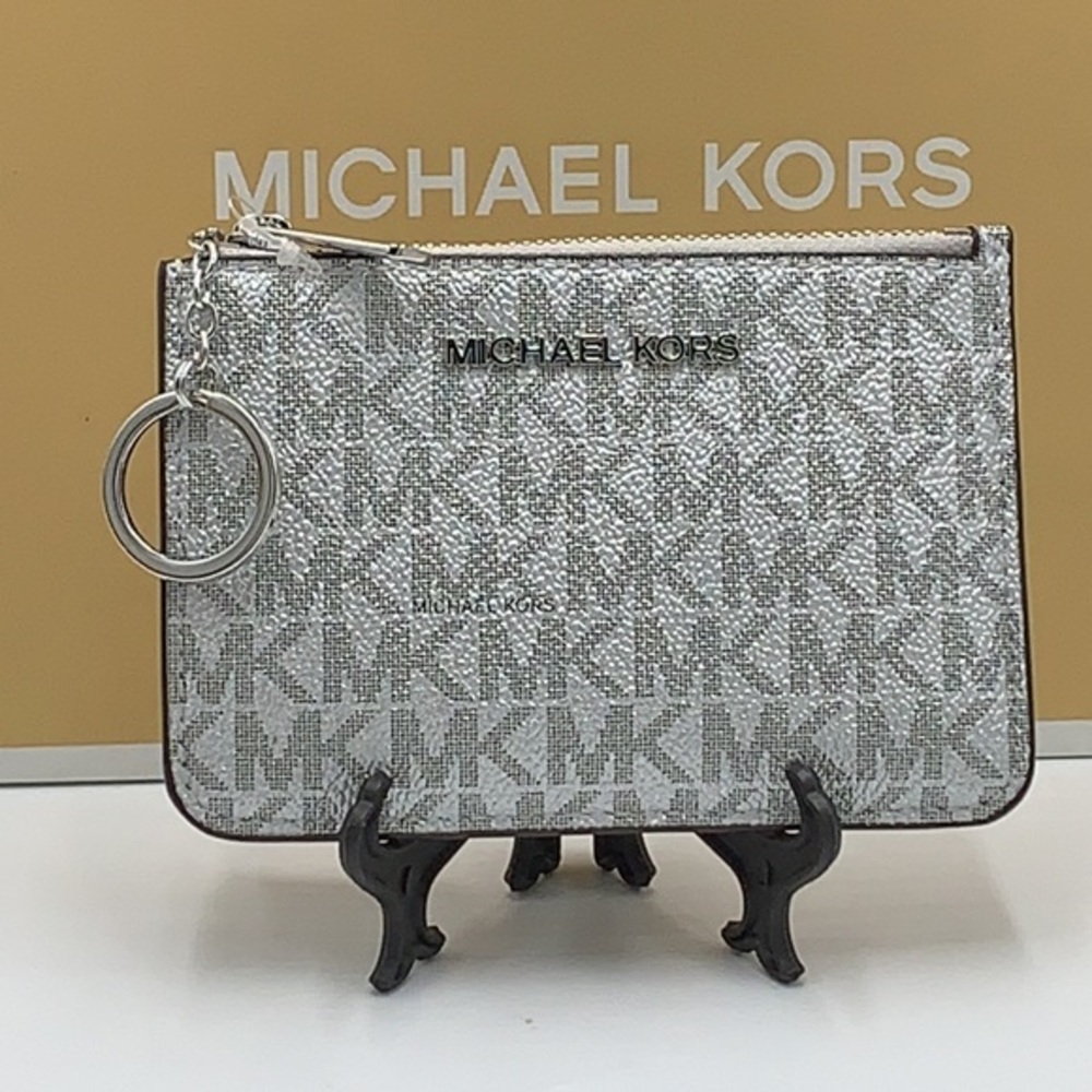 MICHAEL KORS JET SET TRAVEL SMALL TOP ZIP COINPOUCH WITH ID CARD SILVER …